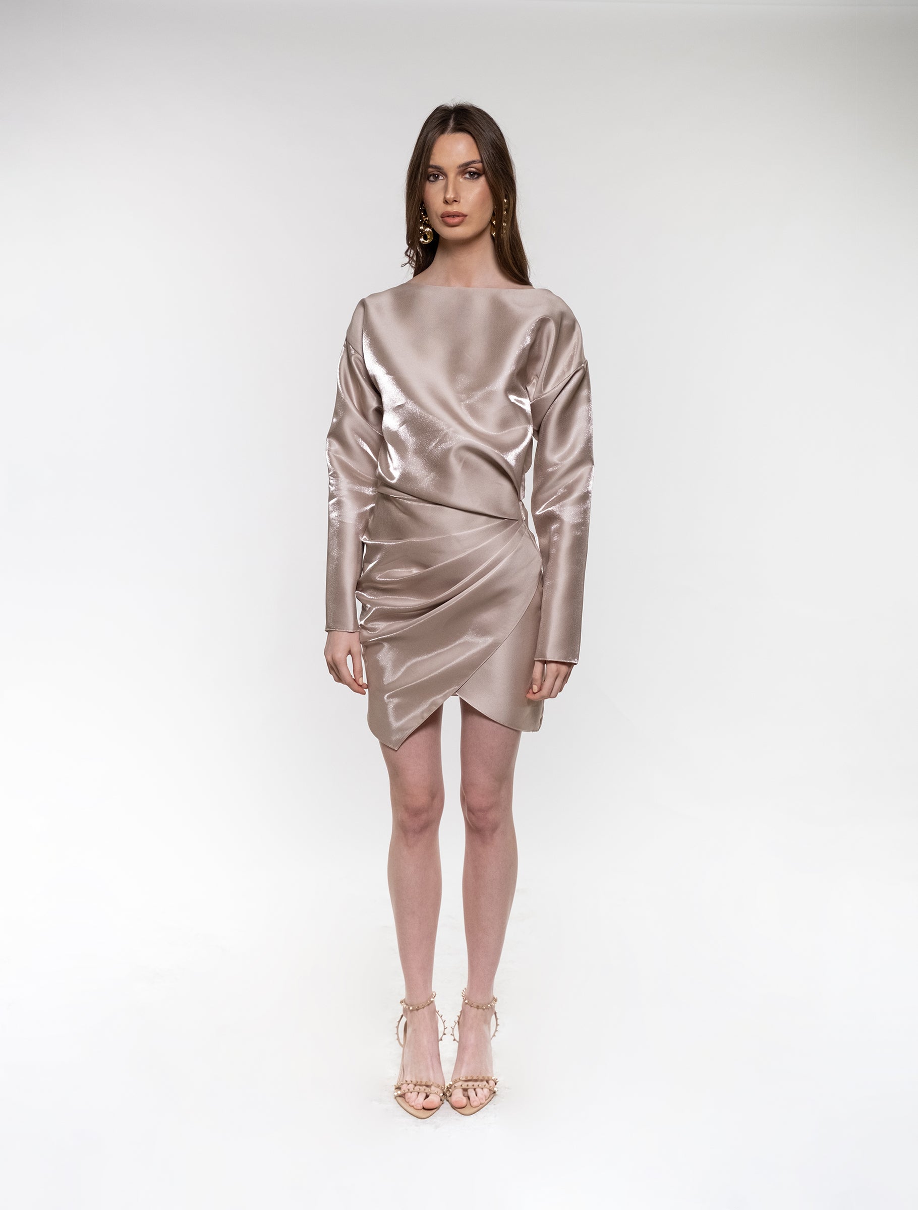 Metallic Taupe Long-sleeve Satin Dress – House of Calva