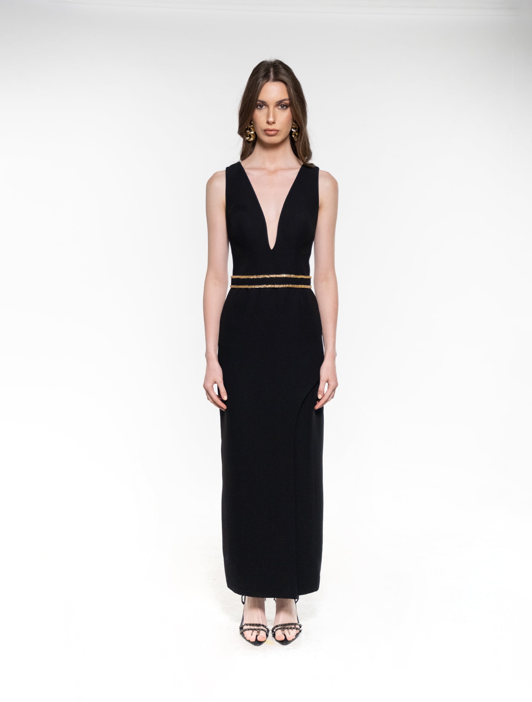 Black V-neck Maxi Dress with Gold Accents M Black V-neck Maxi Dress with Gold Accents M