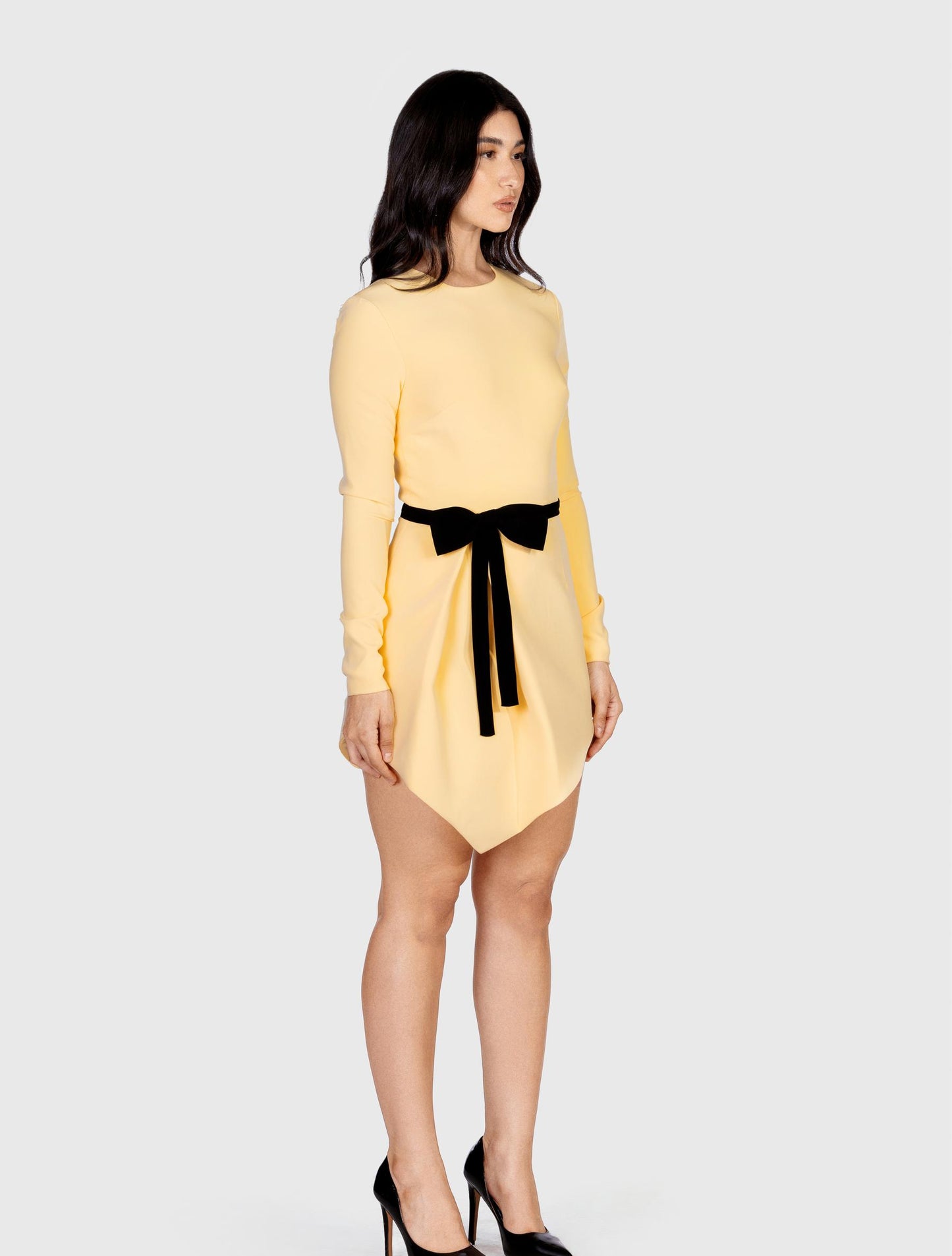 Yellow Bow-embellished Asymmetrical Dress