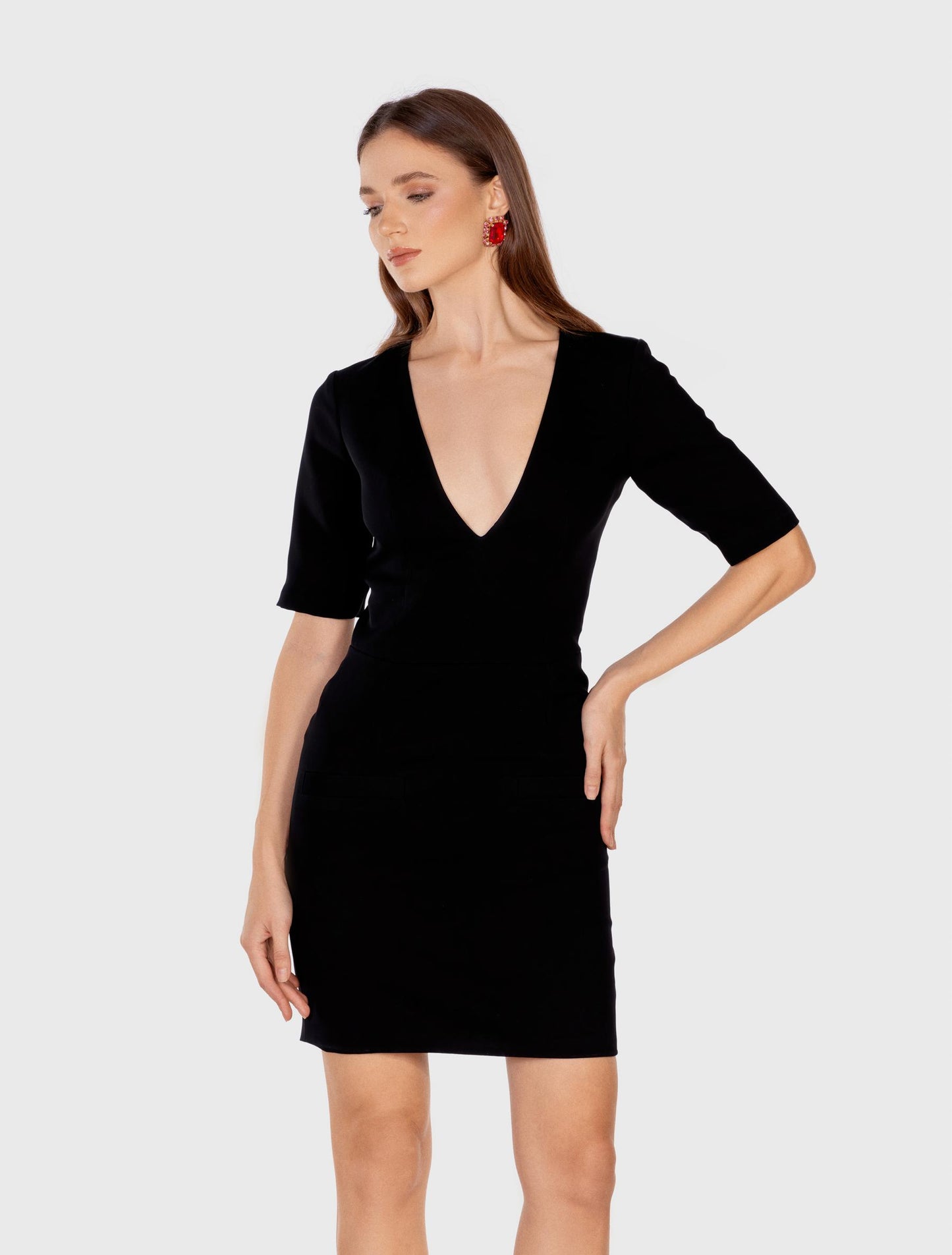Black Short-sleeved Dress with Lace Detailing