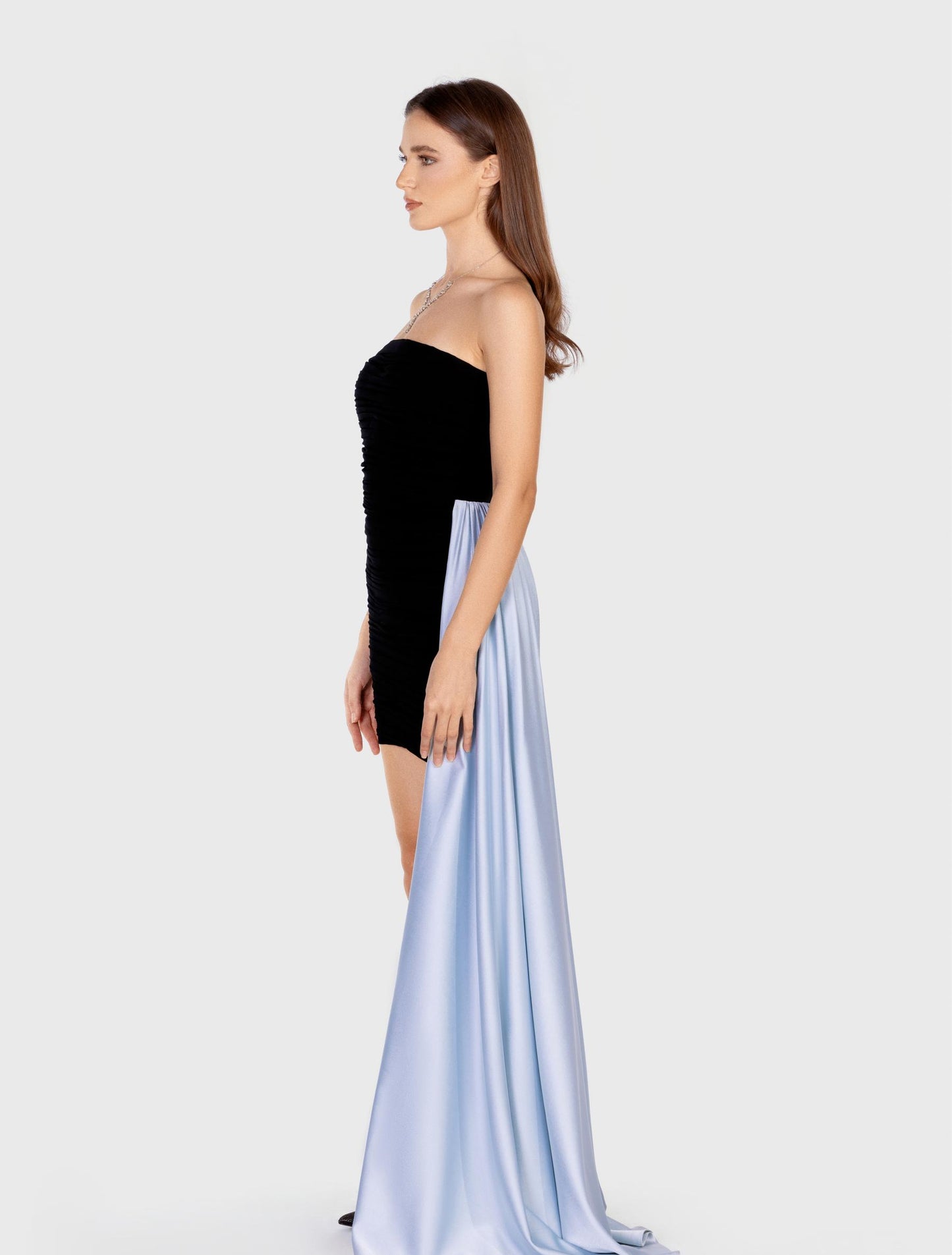 Black Strapless Ruched Dress with Contrasting Train