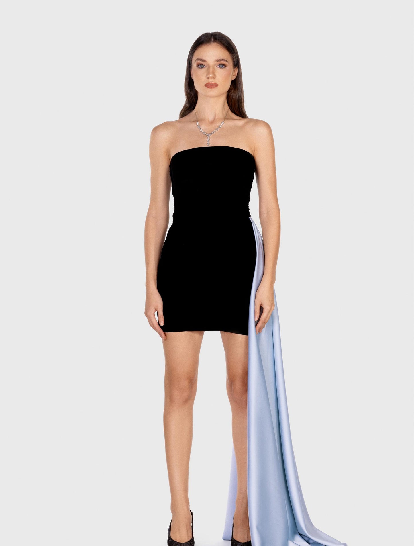 Black Strapless Ruched Dress with Contrasting Train