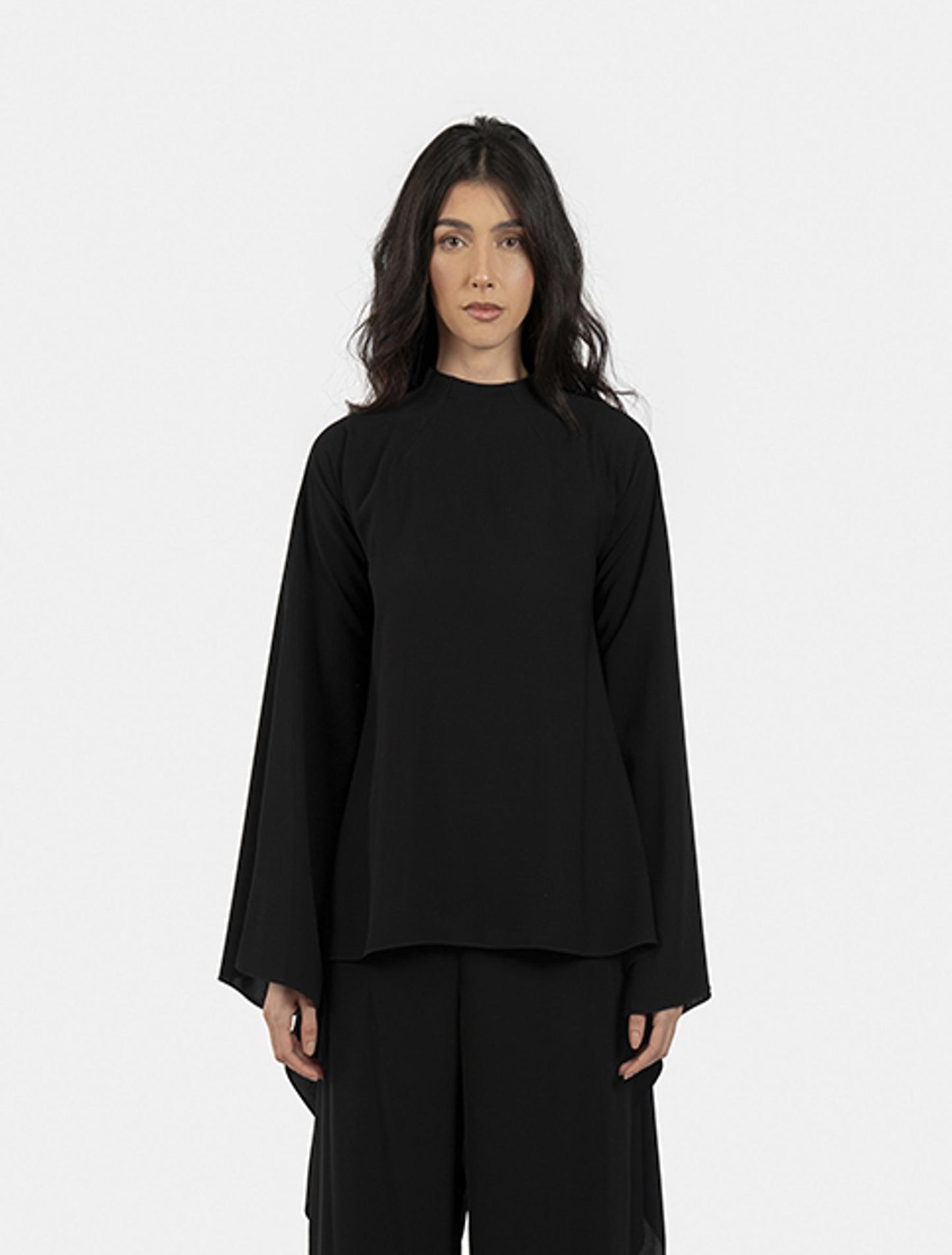 Black High-neck Tunic Blouse and Wide-leg Pants Set