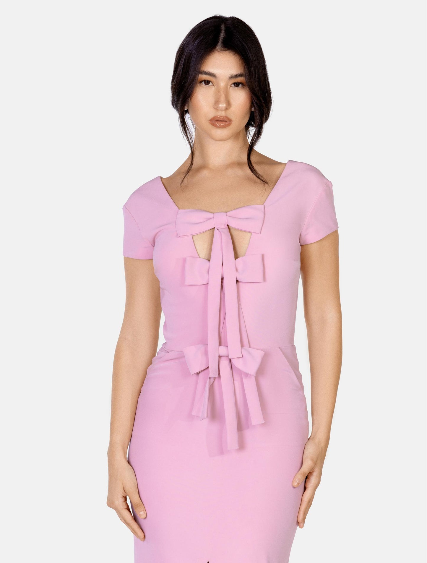 Pastel Pink V-neck Bow-embellished Maxi Dress