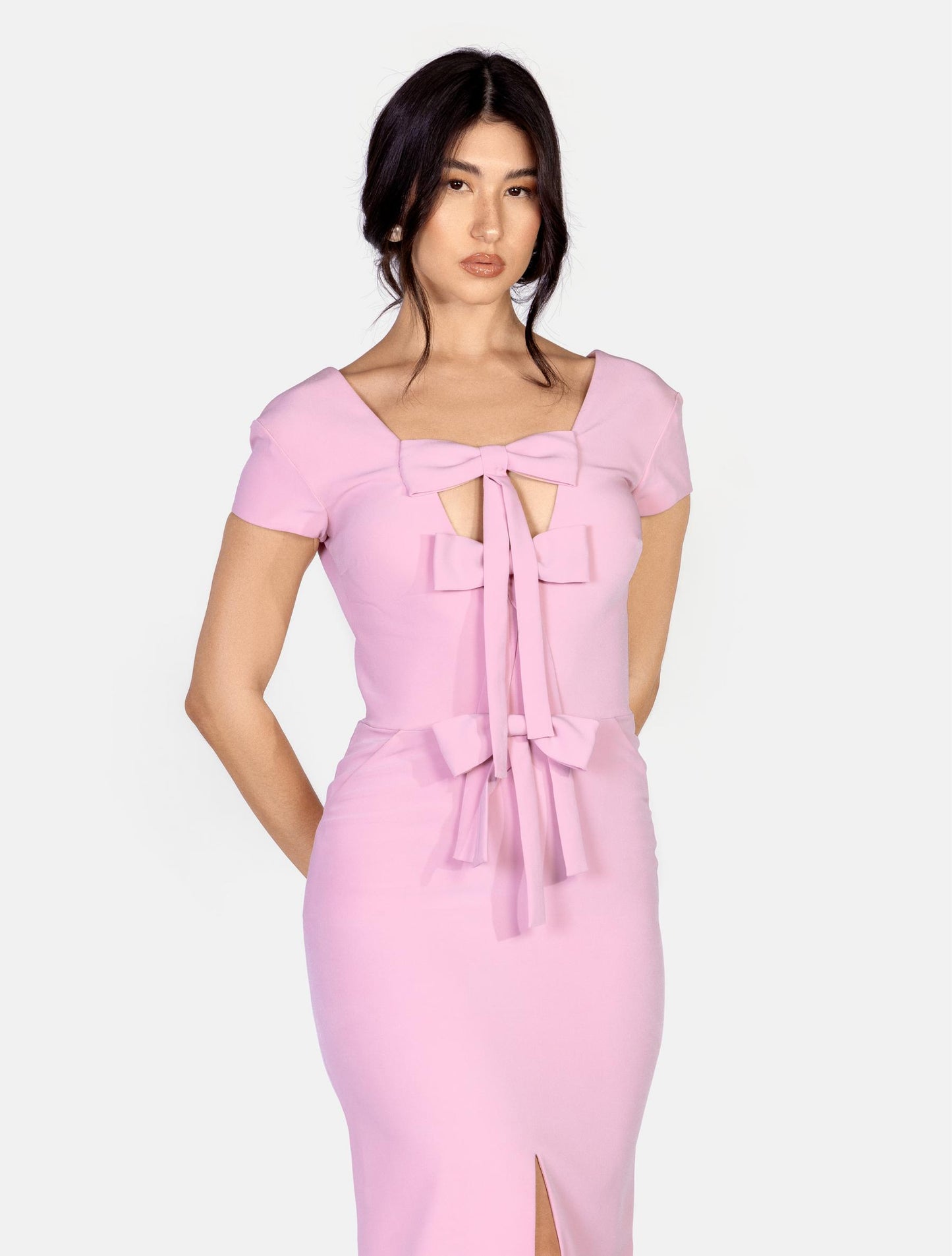 Pastel Pink V-neck Bow-embellished Maxi Dress