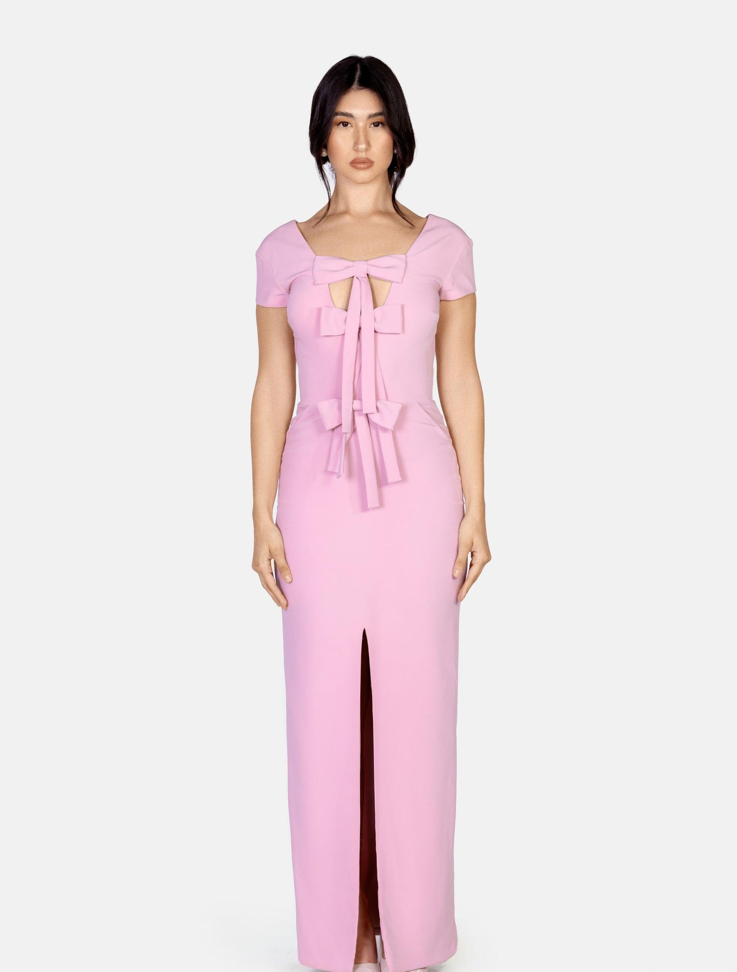 Pastel Pink V-neck Bow-embellished Maxi Dress