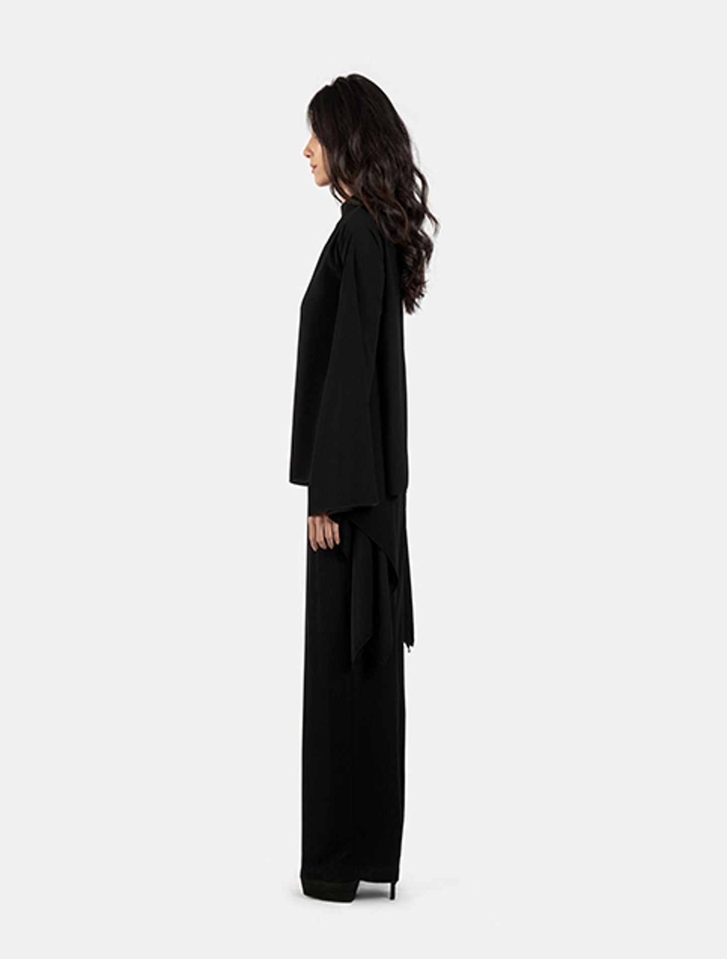 Black High-neck Tunic Blouse and Wide-leg Pants Set