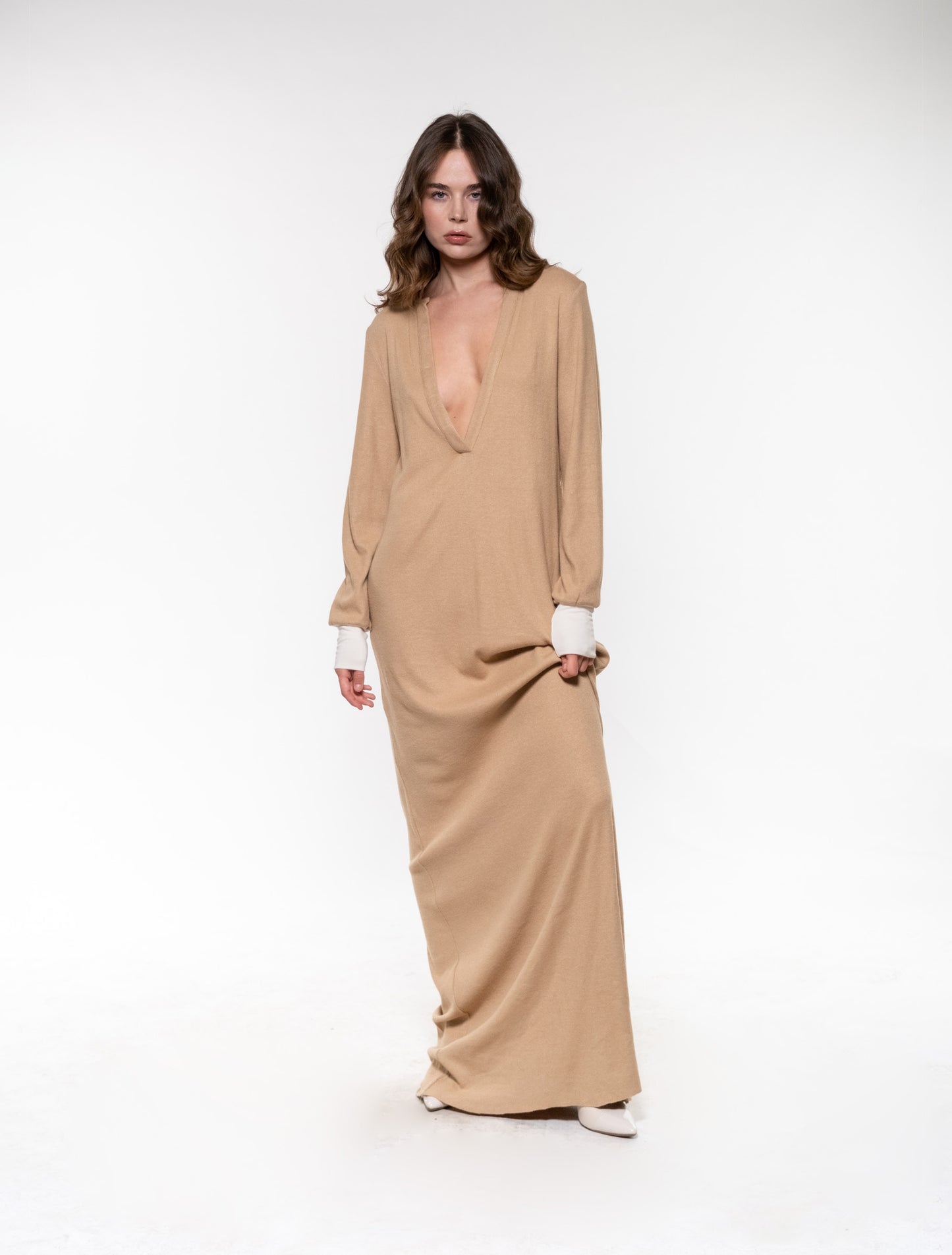 Beige Long-sleeve Wool Dress