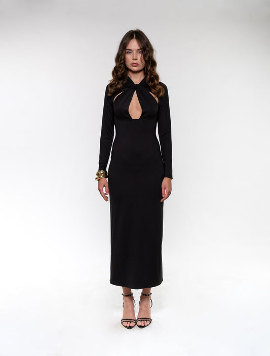 Black Long-sleeve Maxi Dress with Cutout