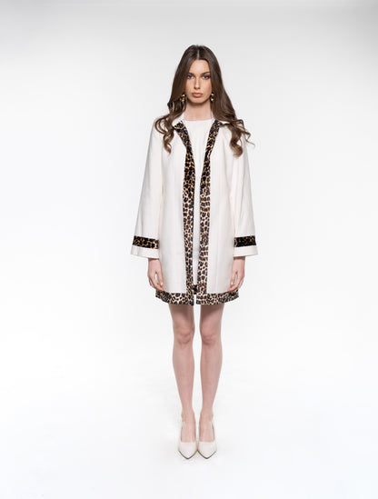 White Coat with Animal Print Trims