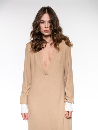 Beige Long-sleeve Wool Dress