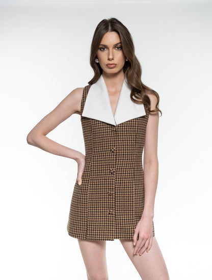 Brown Dogtooth Tweed Dress with White Lapels