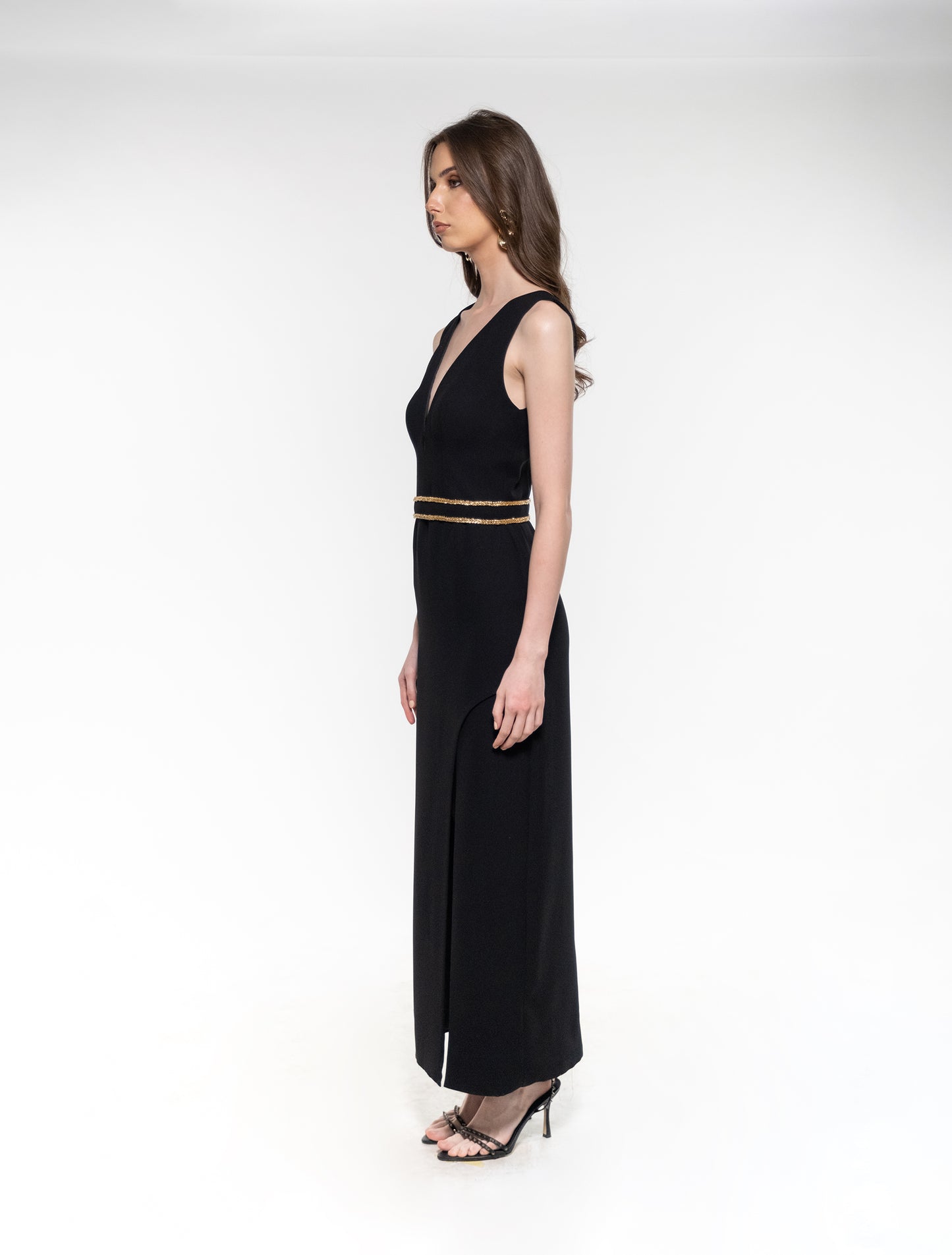 Black V-neck Maxi Dress with Gold Accents