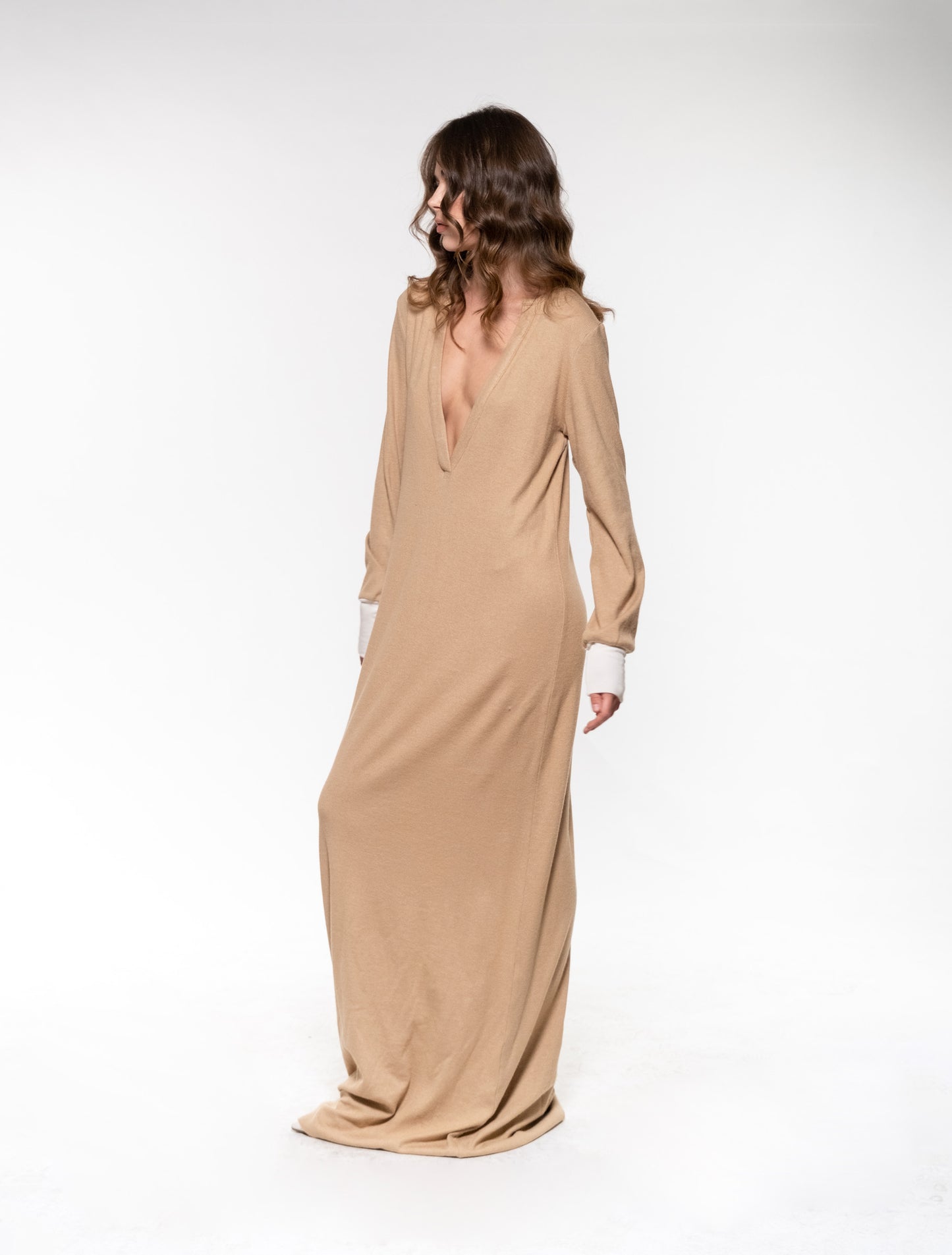 Beige Long-sleeve Wool Dress