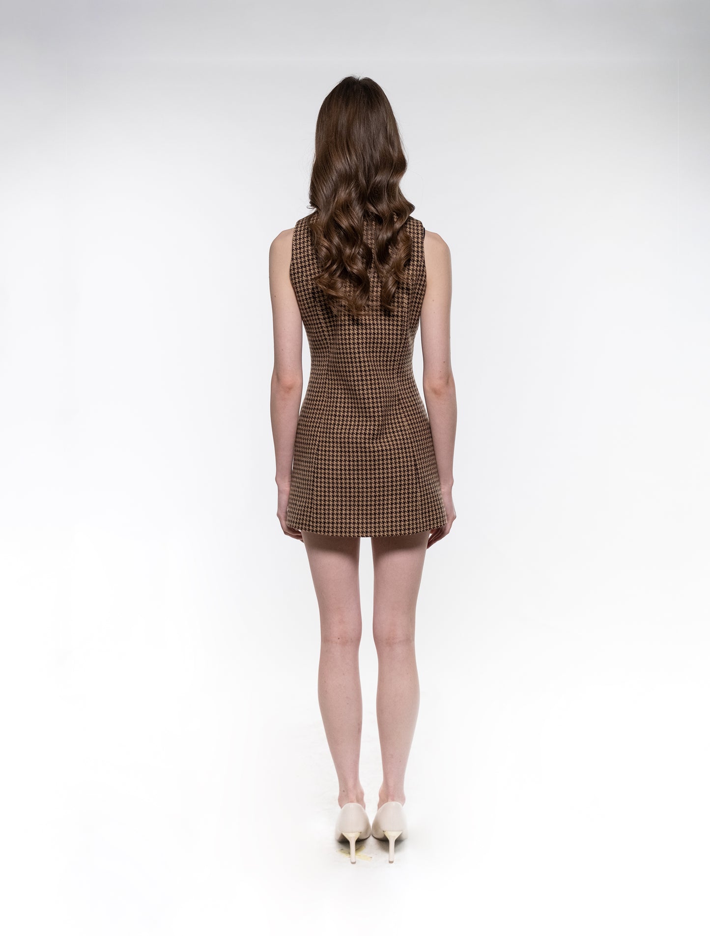 Brown Dogtooth Tweed Dress with White Lapels