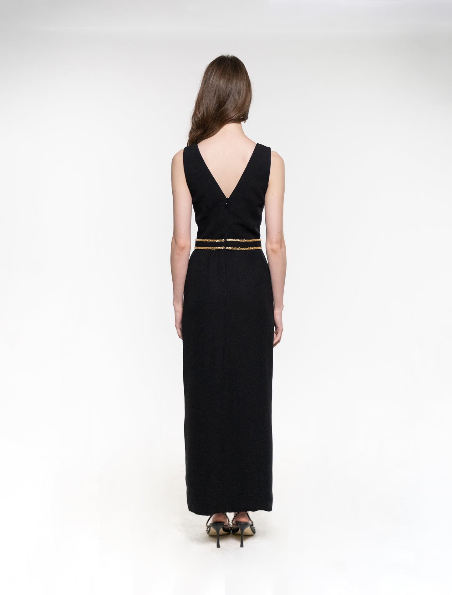 Black V-neck Maxi Dress with Gold Accents