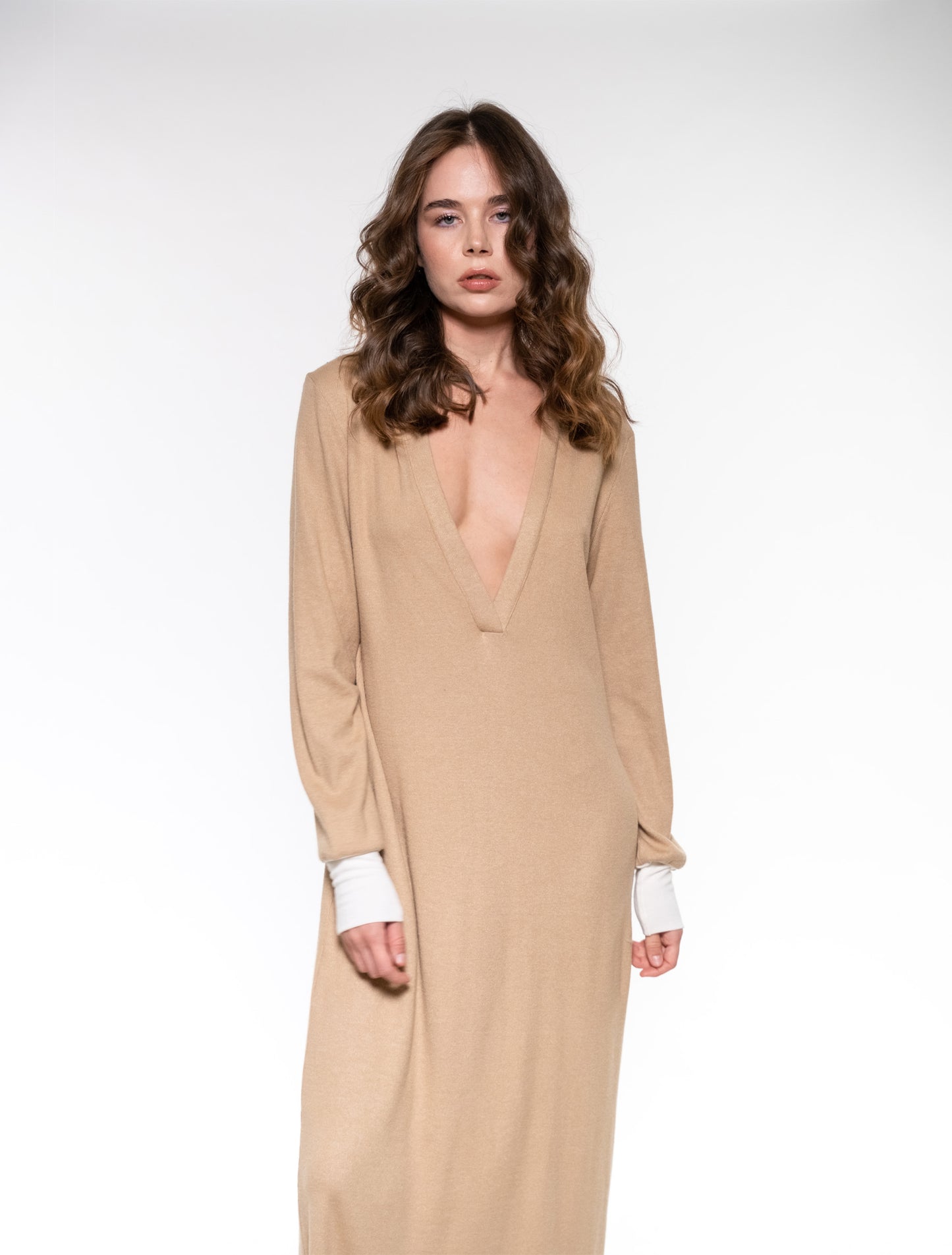 Beige Long-sleeve Wool Dress