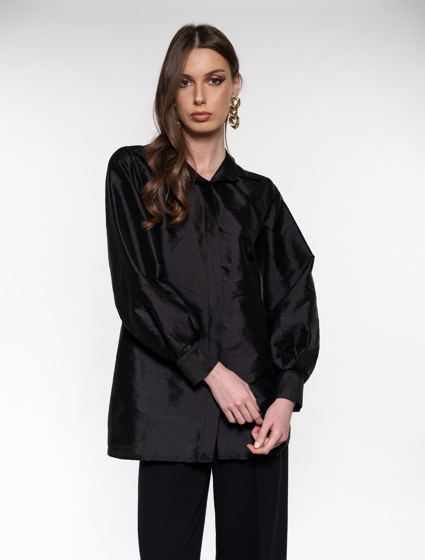 Black Long-sleeve Taffeta Shirt