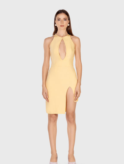 Yellow V-neck Sleeveless Dress with Side Slit