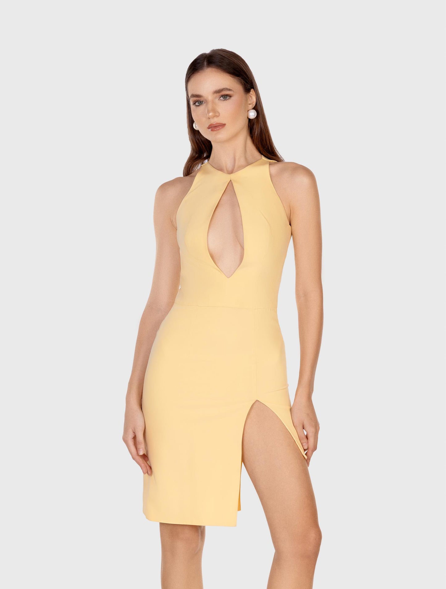 Yellow V-neck Sleeveless Dress with Side Slit