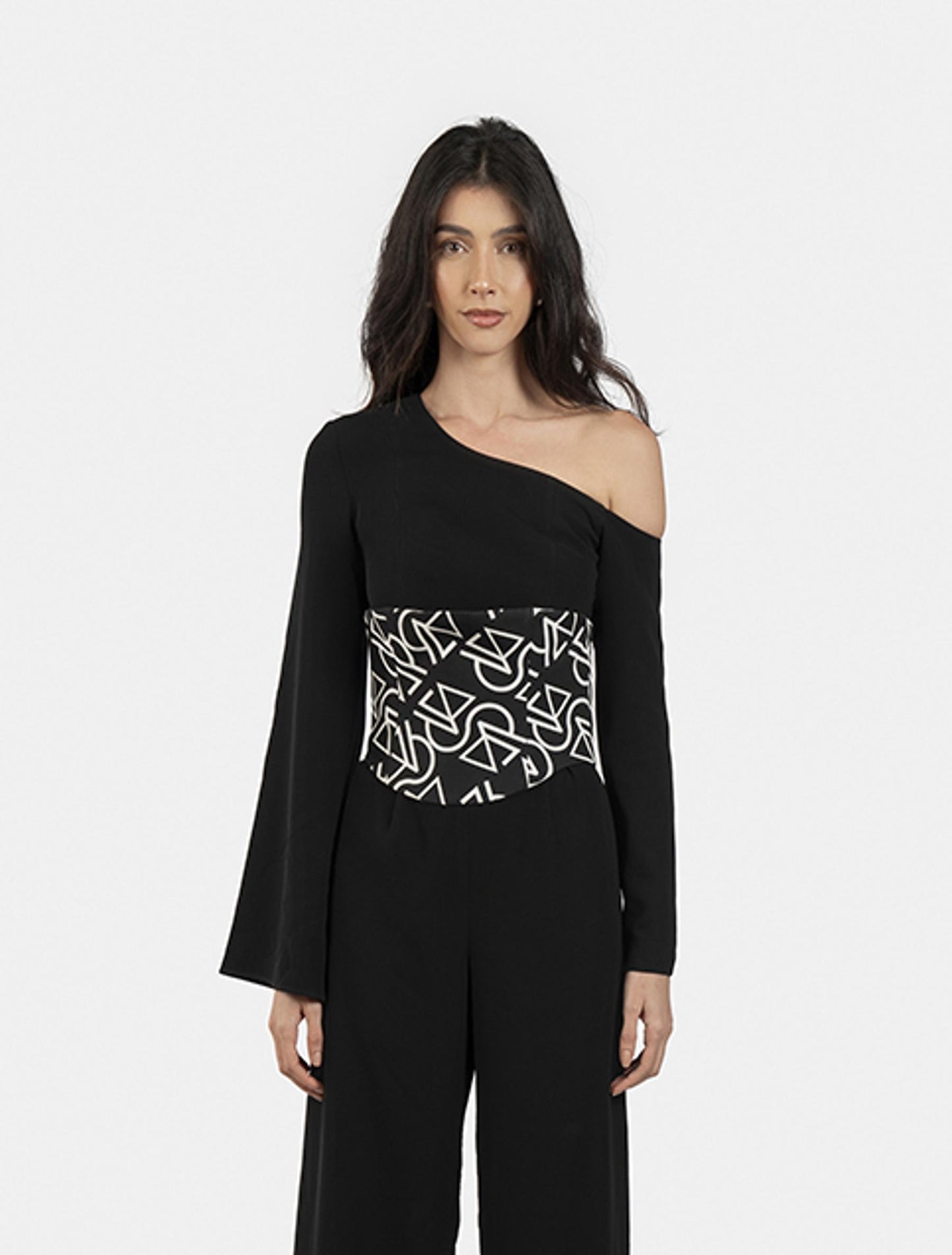 Black Asymmetrical Jumpsuit with Patterned Bustier Top