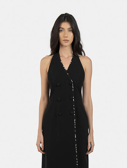 Black Halterneck Midi Dress with Patterned Trims