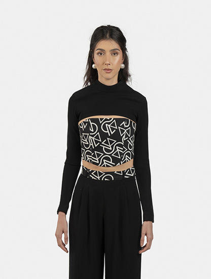 Black Shrug Top, Patterned Bustier Top, and Black Wide-leg Pants with Patterned Waistband Set