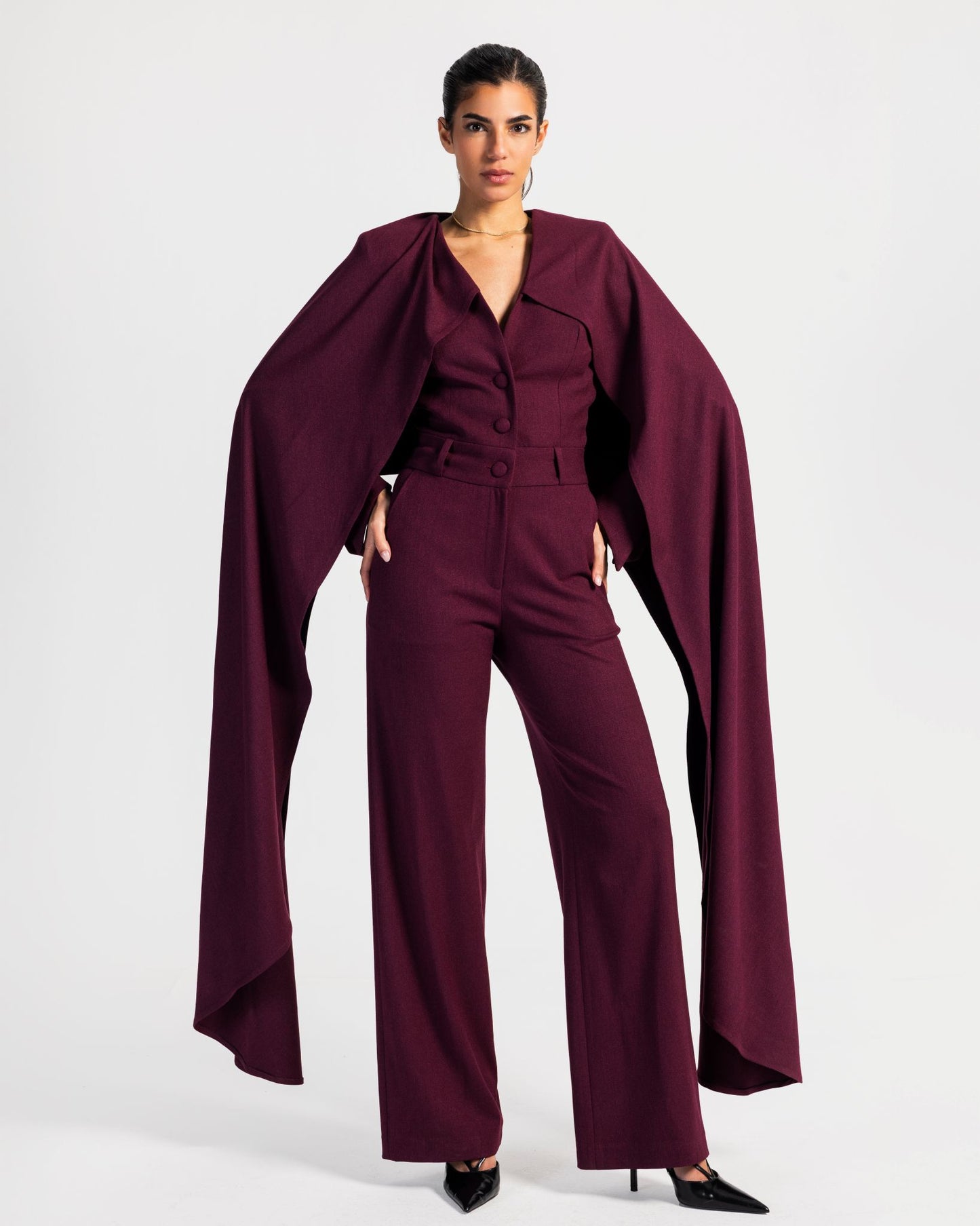 Impact Burgundy Cape Jumpsuit
