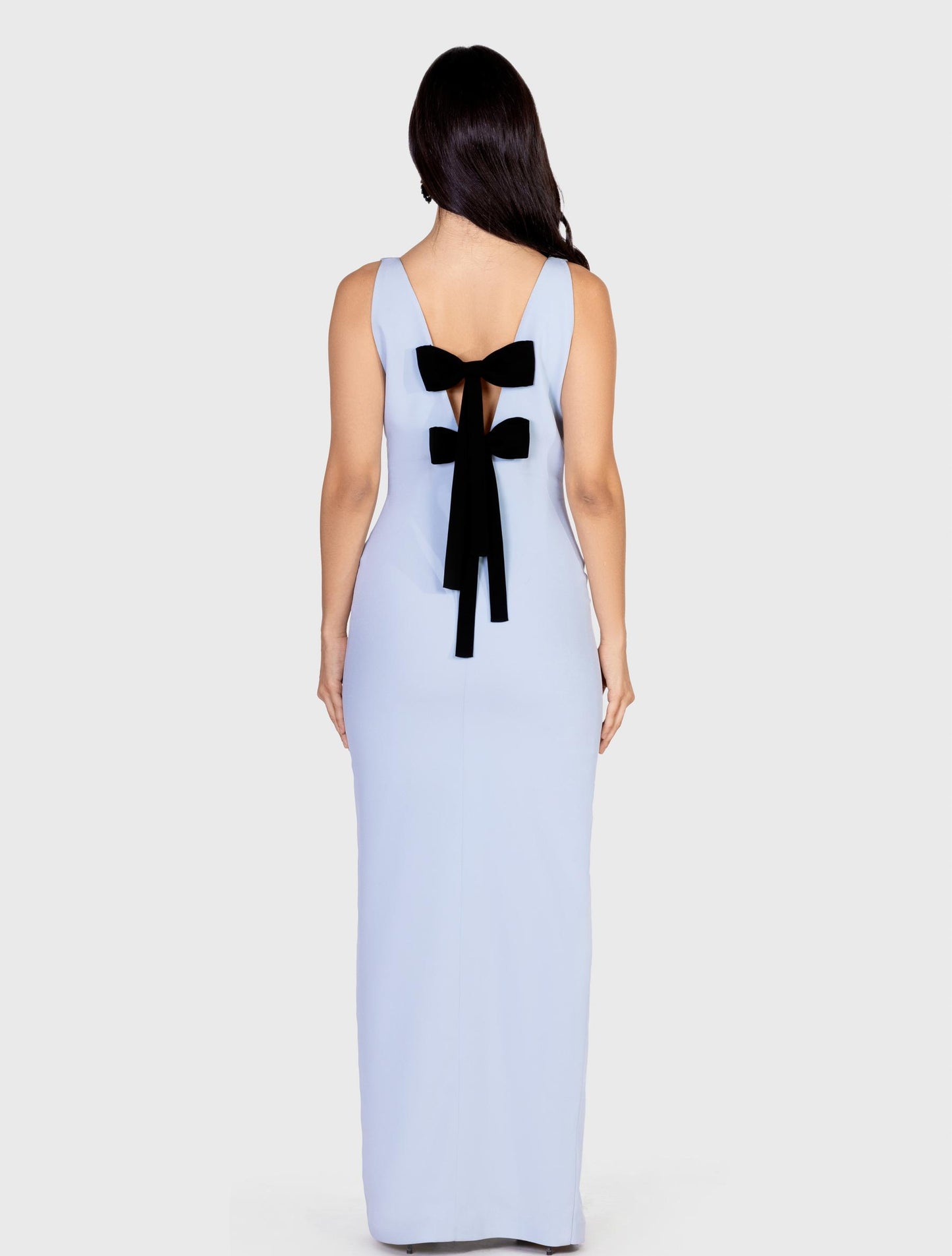 Bow-embellished Baby Blue Maxi Dress with Side Slit