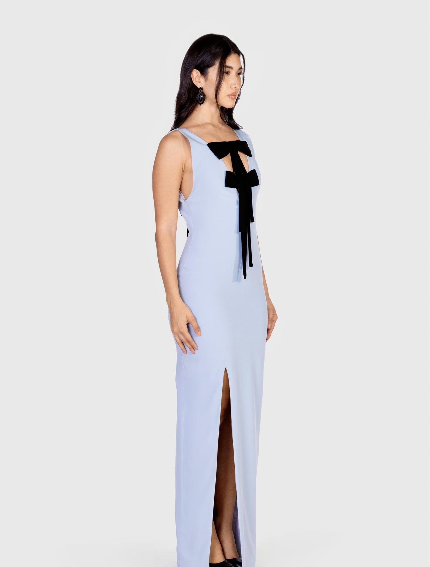 Bow-embellished Baby Blue Maxi Dress with Side Slit