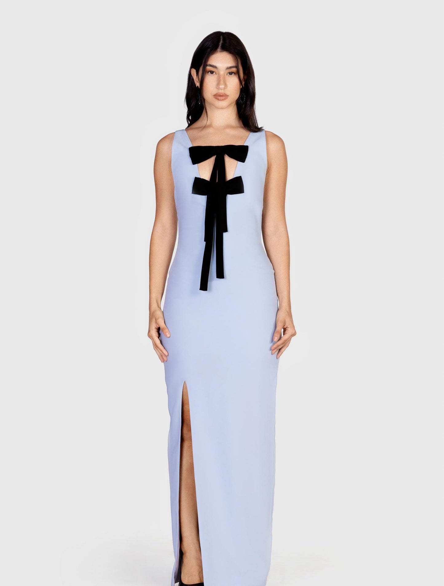 Bow-embellished Baby Blue Maxi Dress with Side Slit