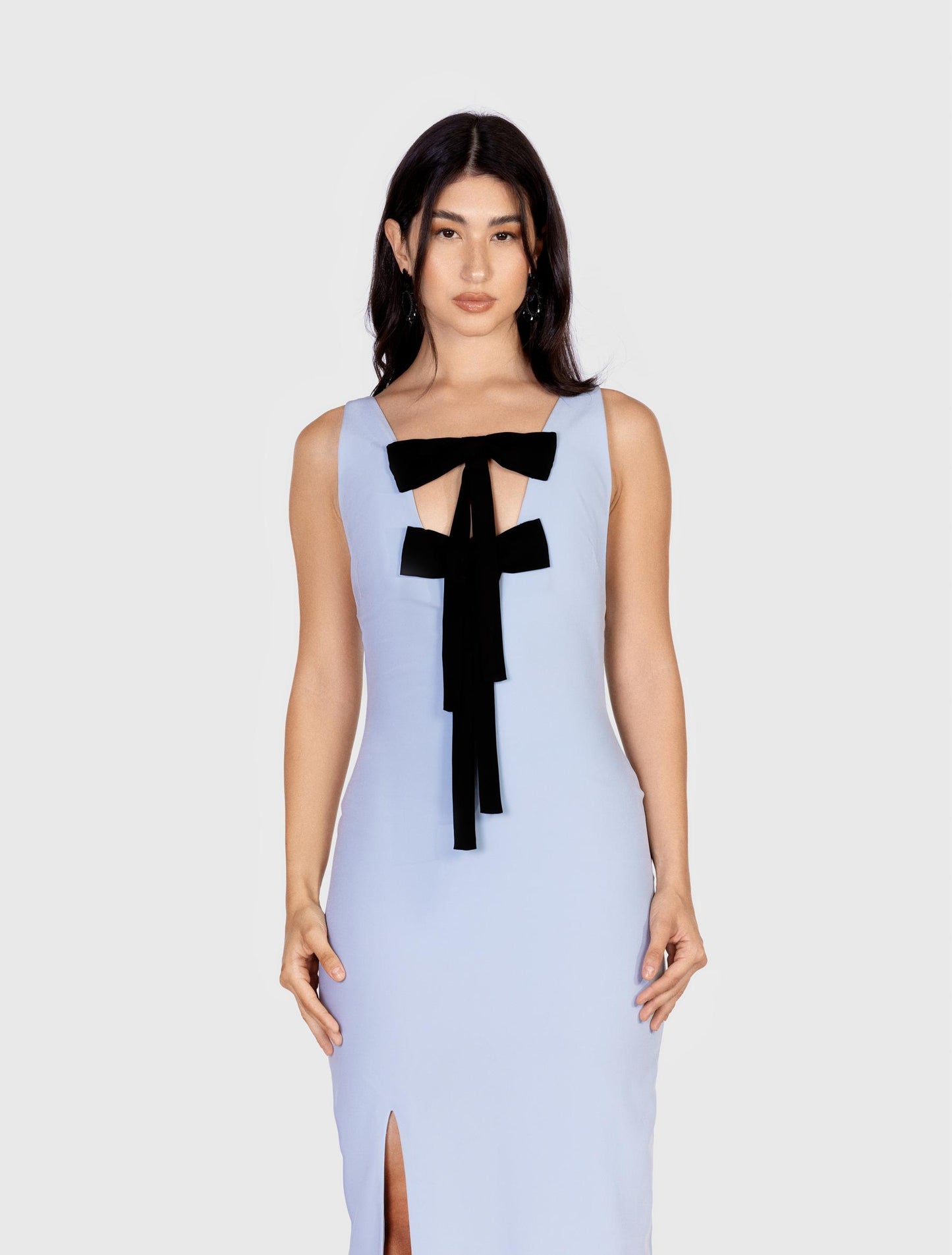 Bow-embellished Baby Blue Maxi Dress with Side Slit