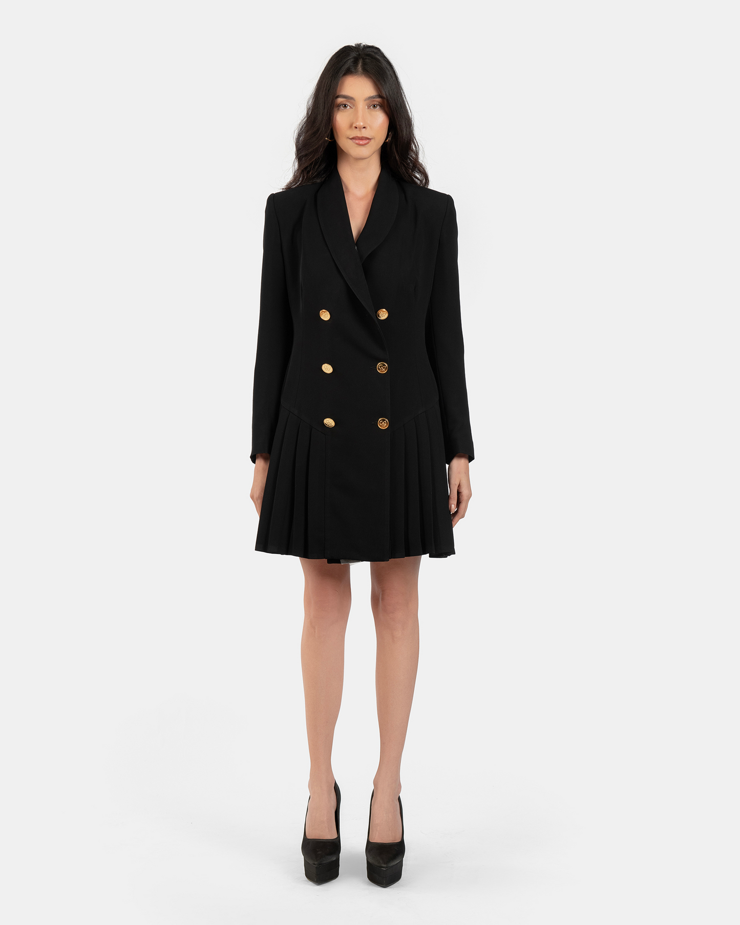 Black Double-breasted Pleated Blazer Dress