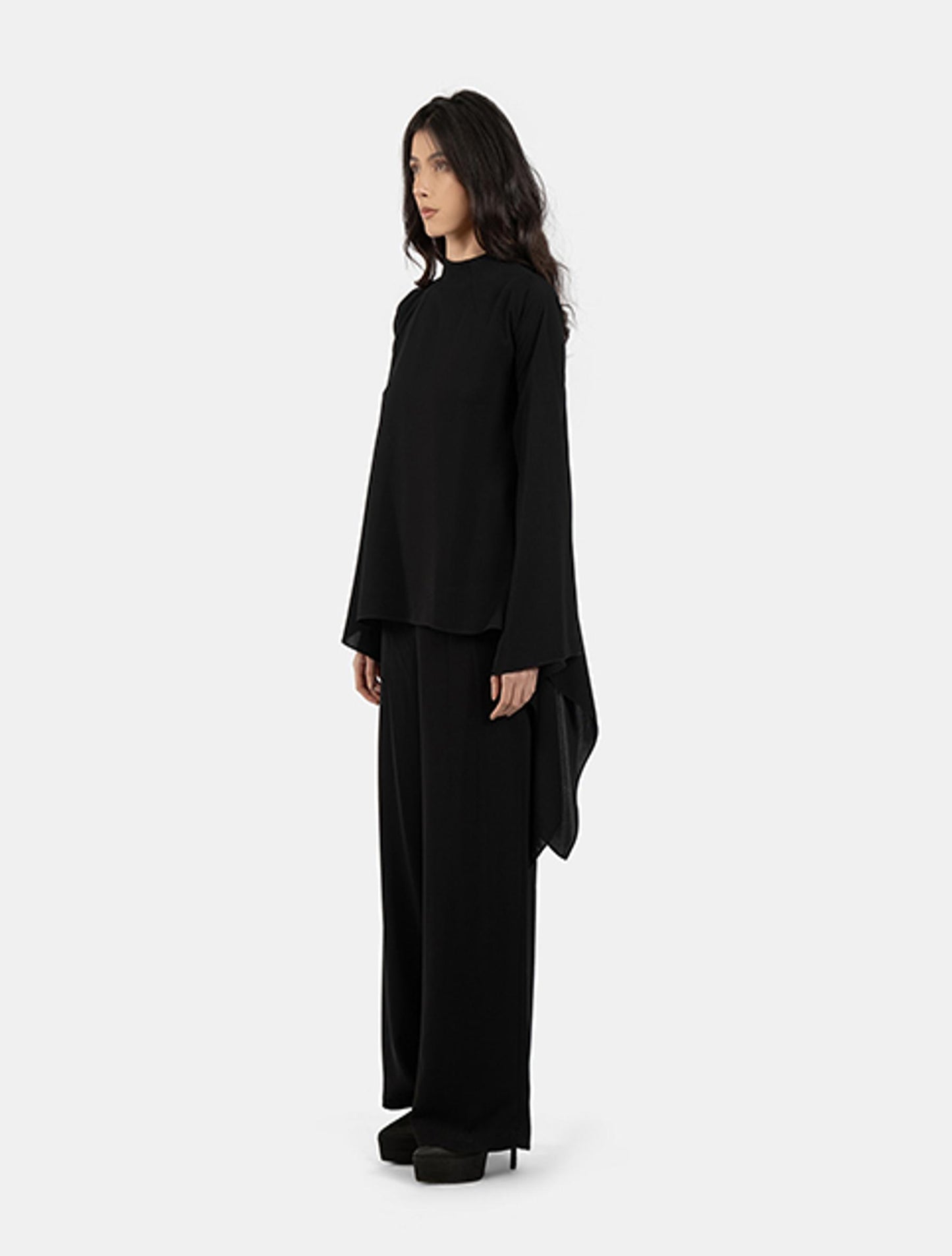 Black High-neck Tunic Blouse and Wide-leg Pants Set