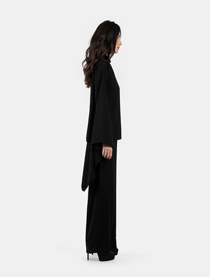 Black High-neck Tunic Blouse and Wide-leg Pants Set