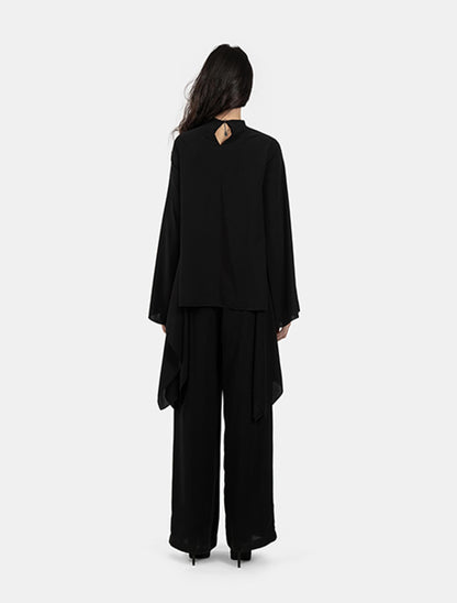 Black High-neck Tunic Blouse and Wide-leg Pants Set