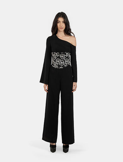 Black Asymmetrical Jumpsuit with Patterned Bustier Top