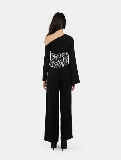 Black Asymmetrical Jumpsuit with Patterned Bustier Top