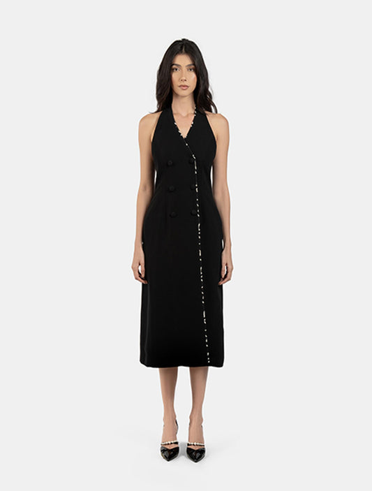 Black Halterneck Midi Dress with Patterned Trims