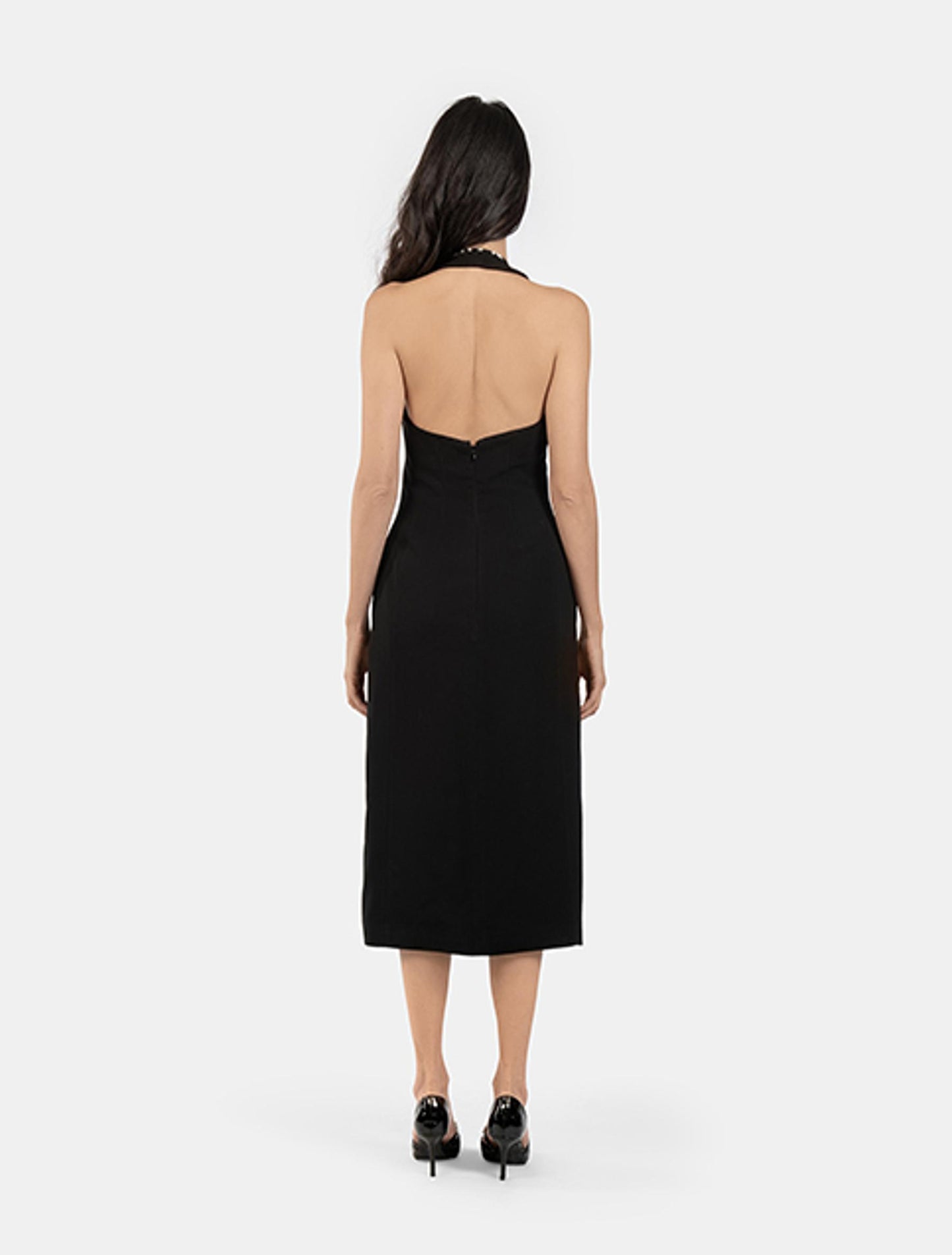 Black Halterneck Midi Dress with Patterned Trims