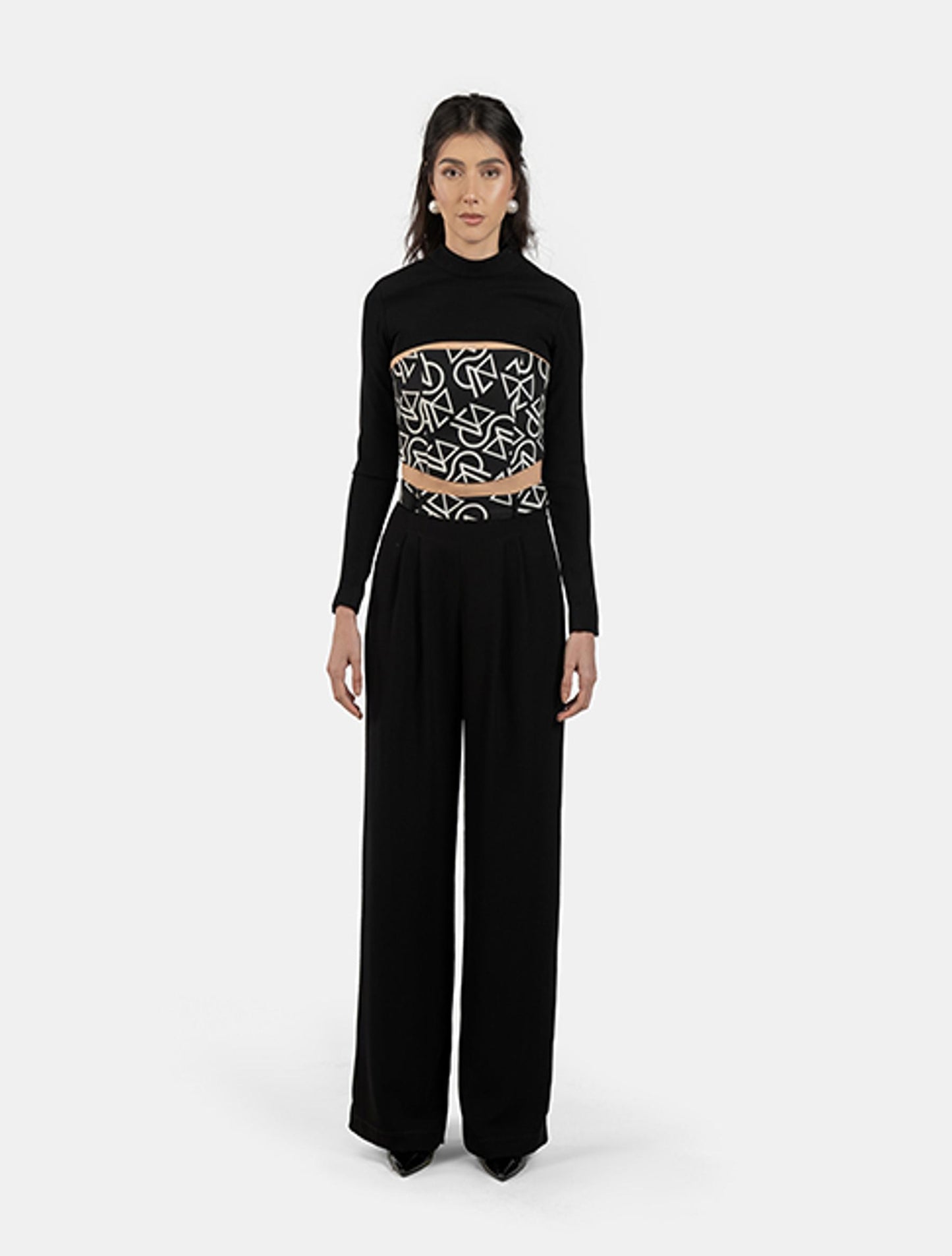 Black Shrug Top, Patterned Bustier Top, and Black Wide-leg Pants with Patterned Waistband Set