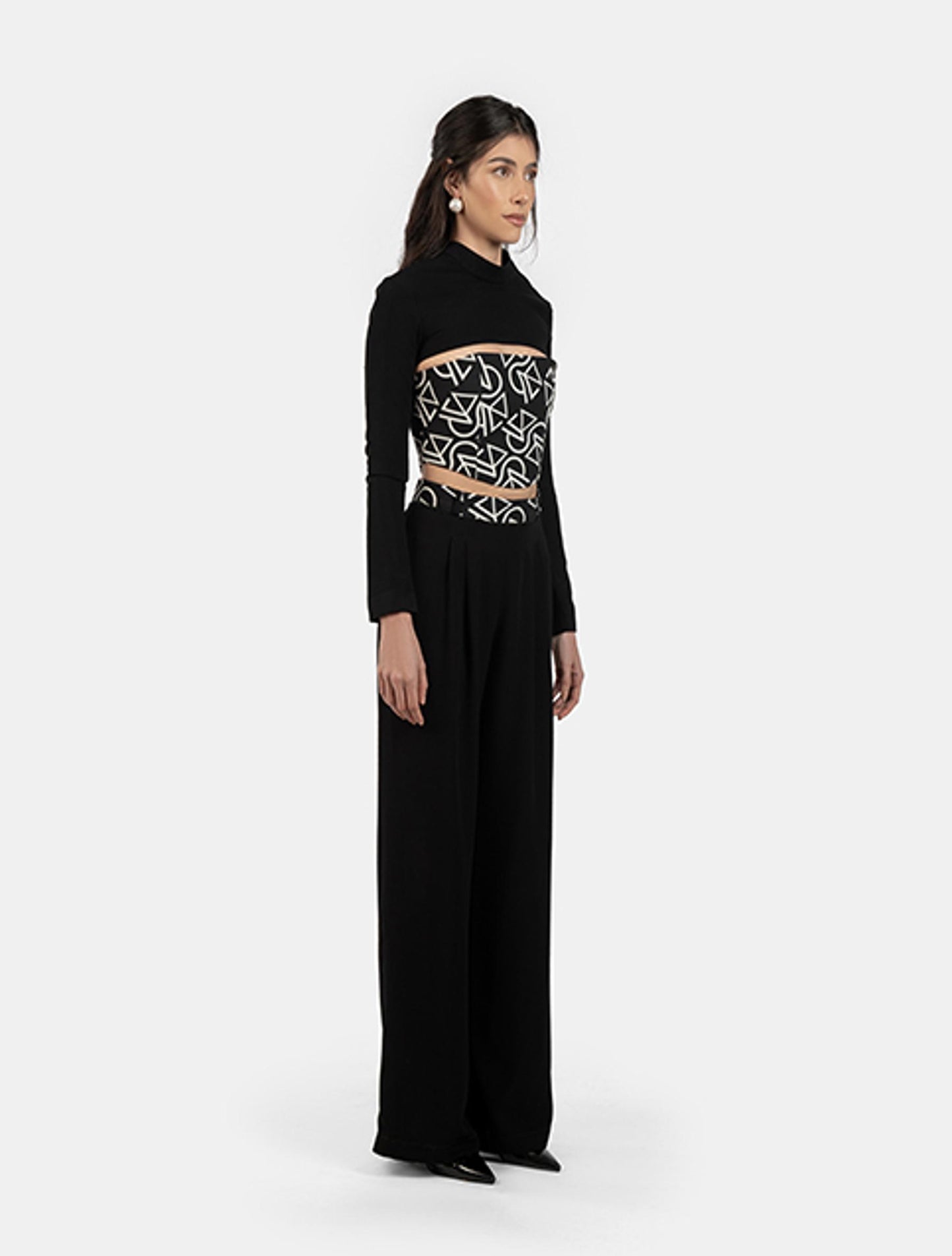 Black Shrug Top, Patterned Bustier Top, and Black Wide-leg Pants with Patterned Waistband Set