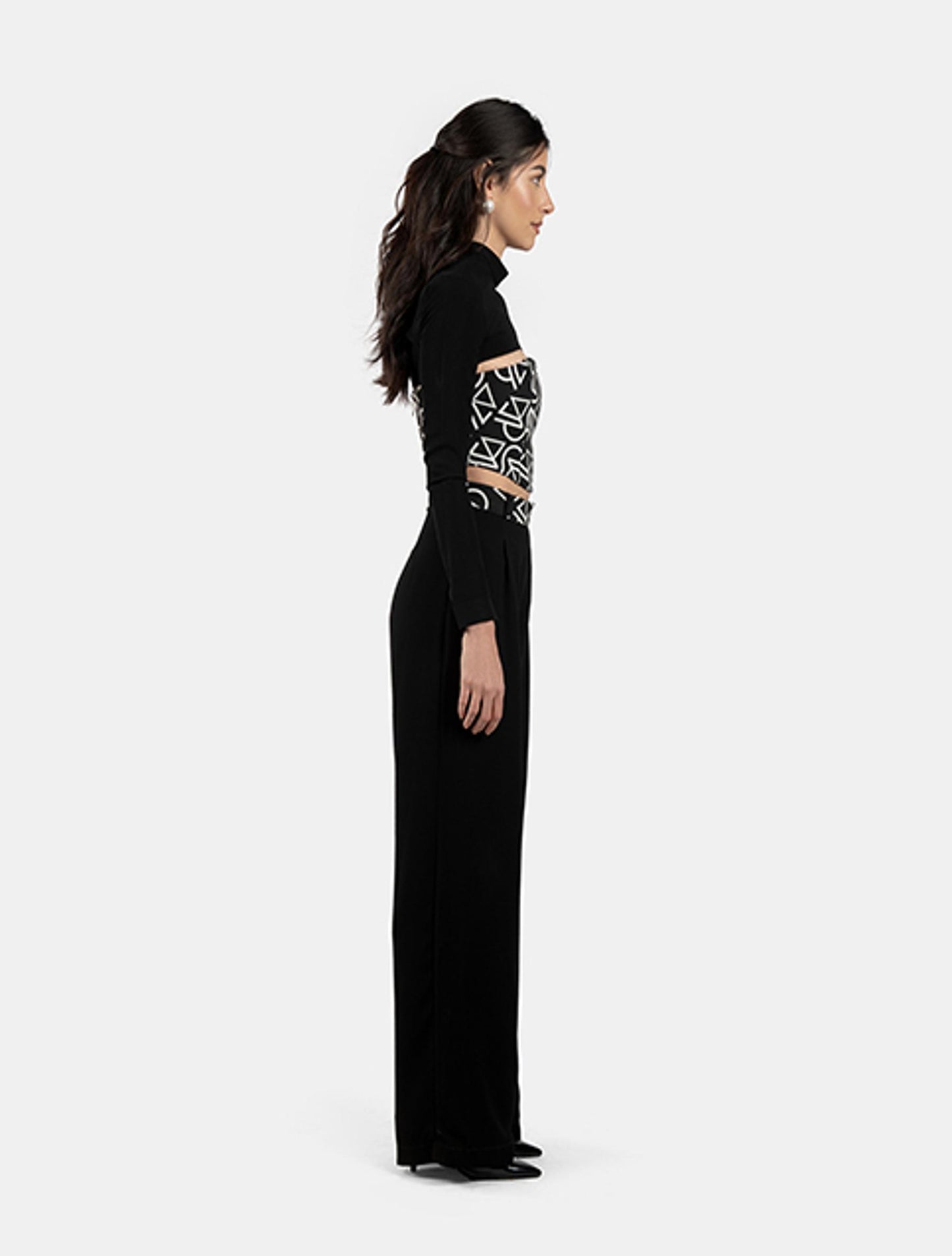 Black Shrug Top, Patterned Bustier Top, and Black Wide-leg Pants with Patterned Waistband Set