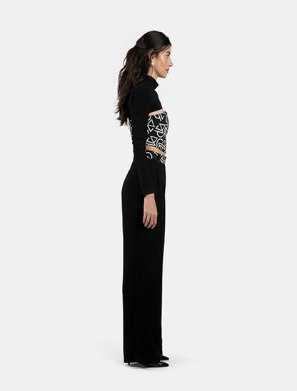 Black Shrug Top, Patterned Bustier Top, and Black Wide-leg Pants with Patterned Waistband Set