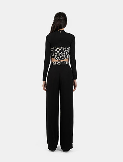 Black Shrug Top, Patterned Bustier Top, and Black Wide-leg Pants with Patterned Waistband Set