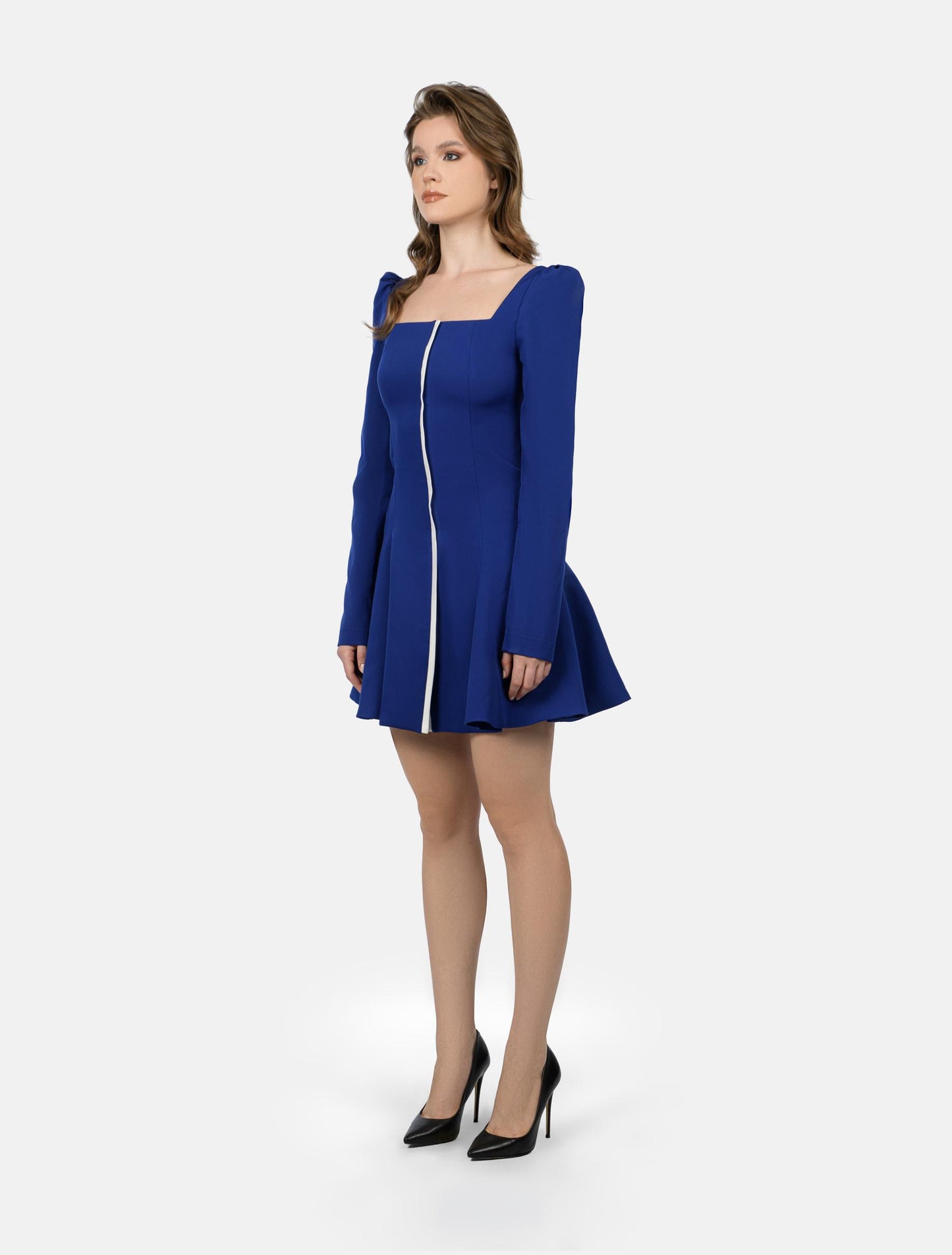 Royal Blue Long-sleeved Dress with White Stripe