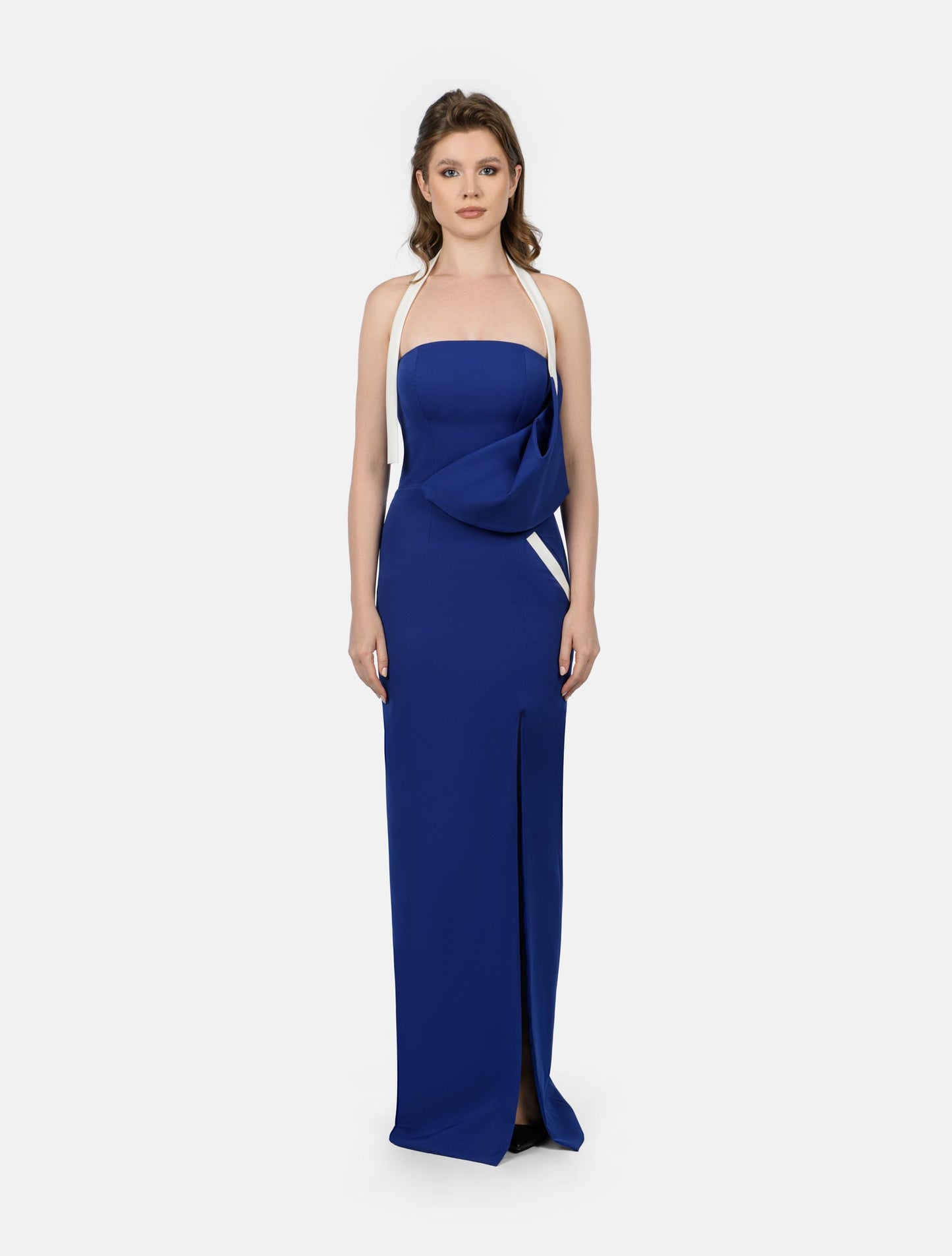 Asymmetrical Royal Blue Maxi Dress with White Accents