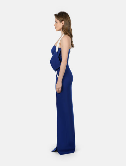 Asymmetrical Royal Blue Maxi Dress with White Accents