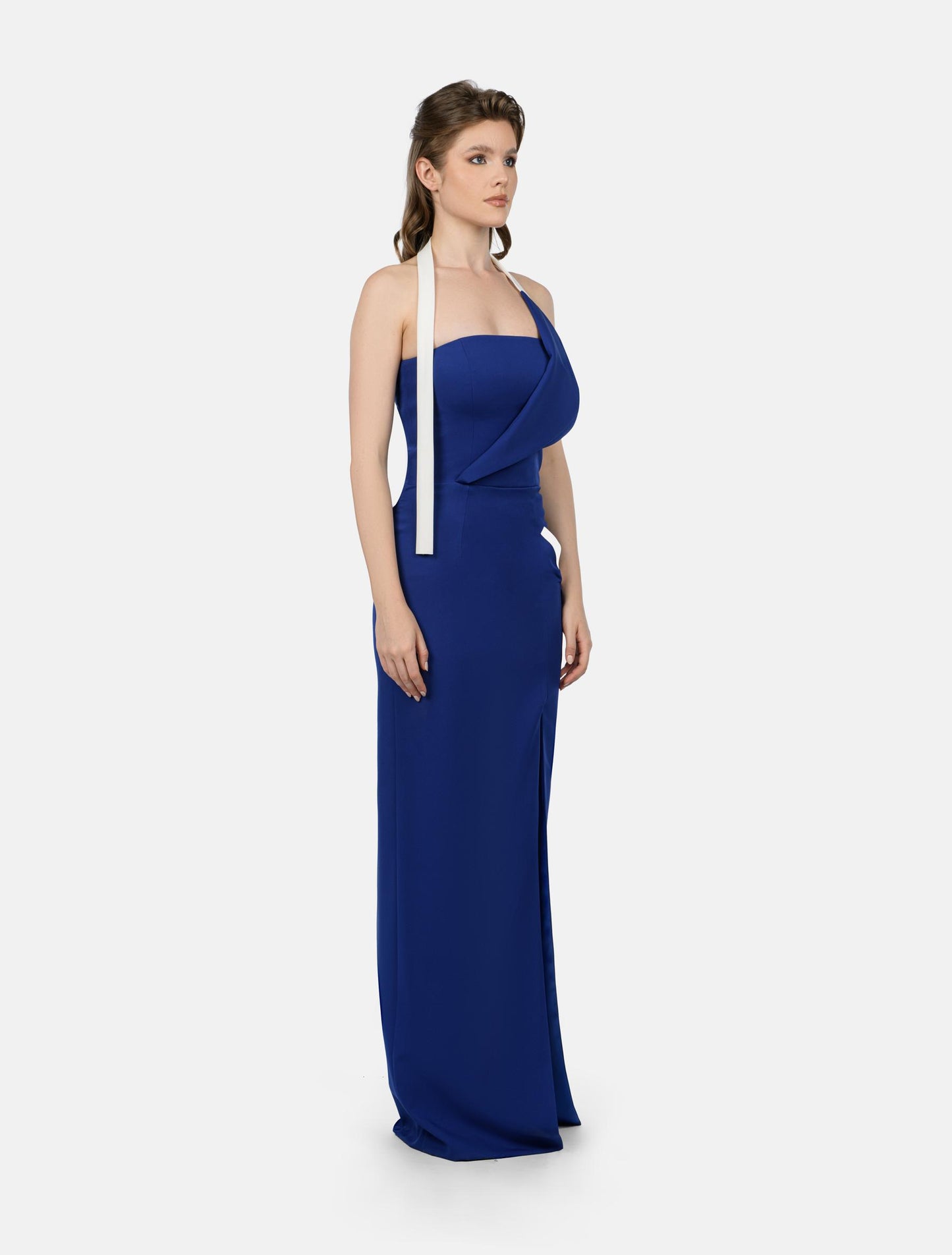 Asymmetrical Royal Blue Maxi Dress with White Accents