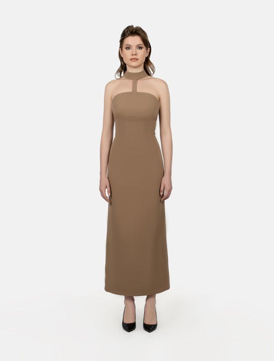 Beige Midi Strapless Choker Dress